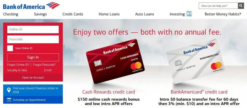 The Bank of America login page.