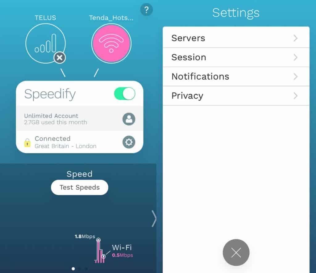 Speedify mobile app main screen.
