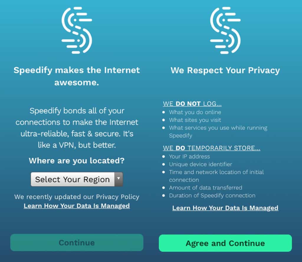 Speedify mobile app privacy policy screens.
