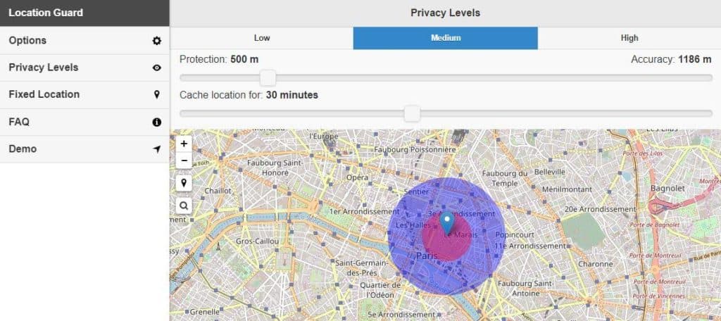 Location Guard Privacy Levels page.