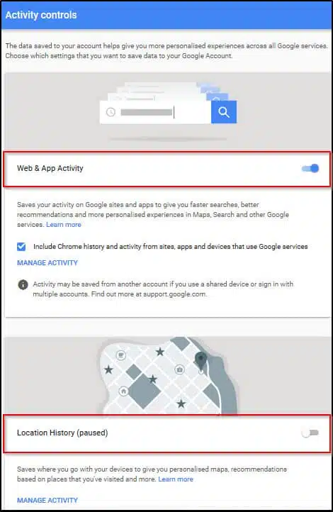 Google Disable Web App Activity Location History