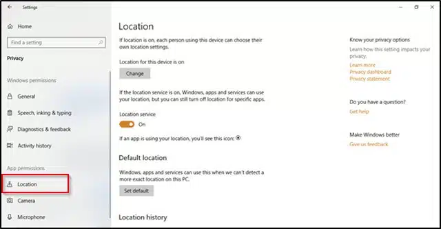 Microsoft Select Location Settings