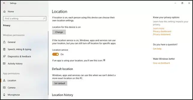 Microsoft Windows 10 Location Settings