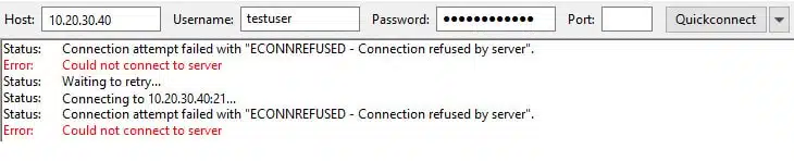 FileZilla Econnrefused Connection refused by server error