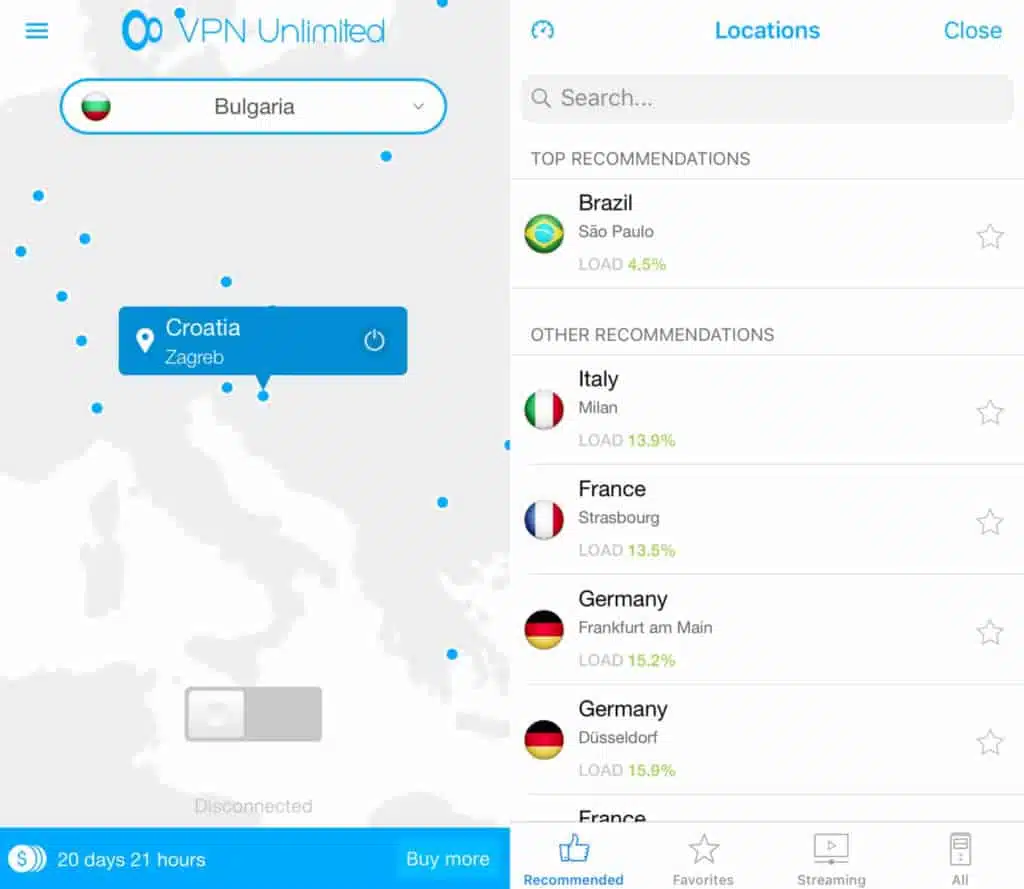 VPN Unlimited mobile main screen and server list.