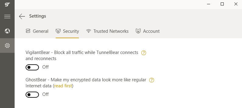 The TunnelBear Security tab.