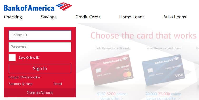Bank of America login page