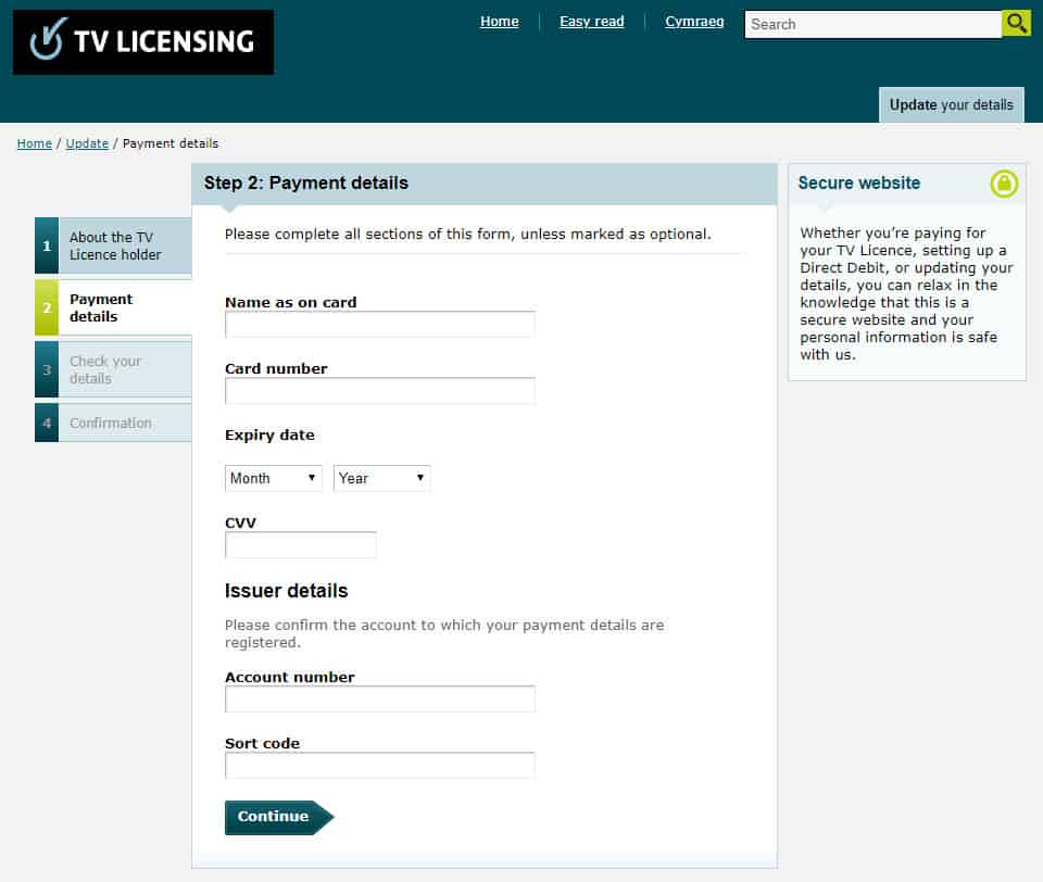 TV Licensing payment details