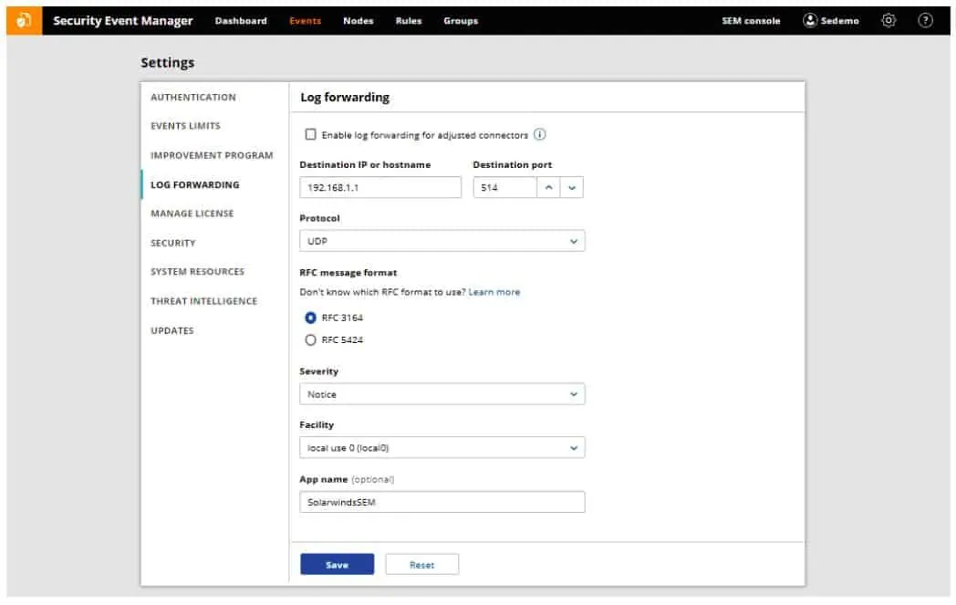 SolarWinds Security Event Manager - Log Forwarding Screenshot