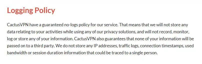 CactusVPN review logging policy.