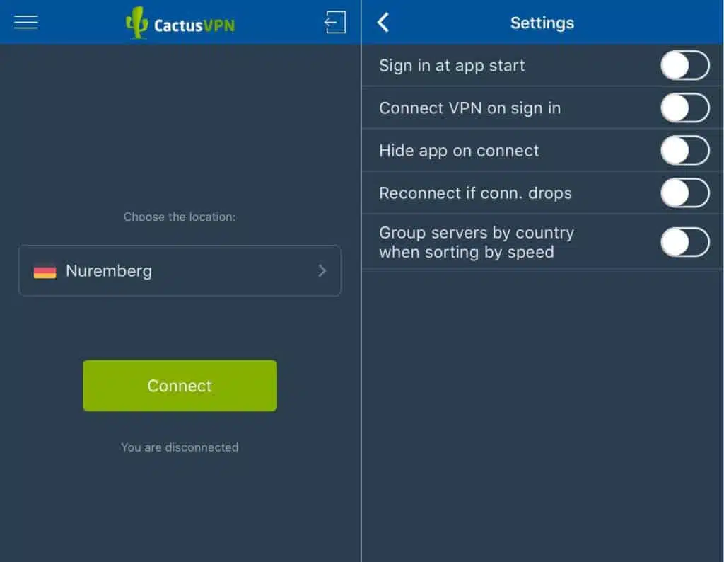 CactusVPN mobile app main screen and settings options.