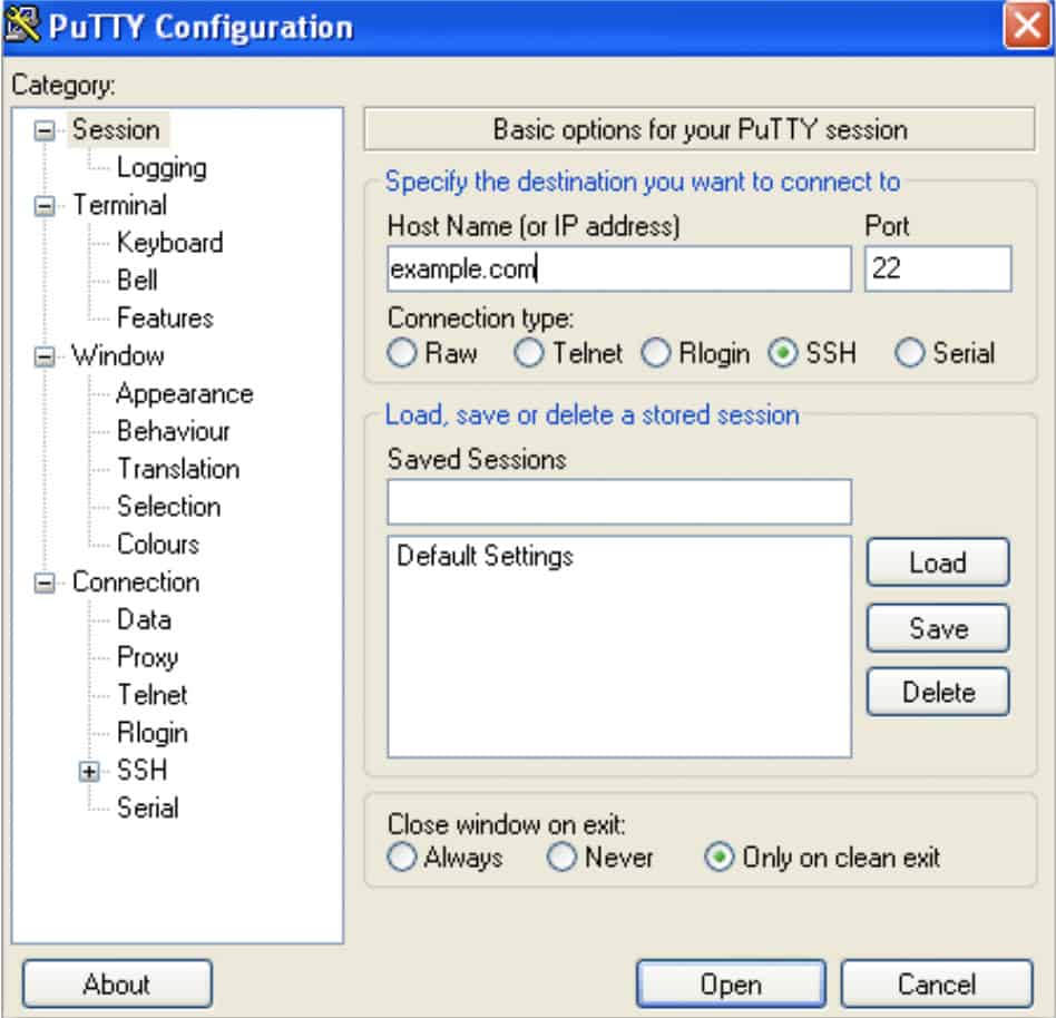 PuTTY Configuration - specify destination screenshot