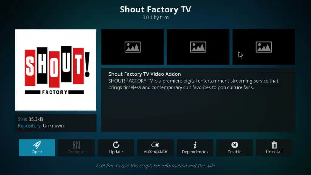 shout factory tv kodi addon