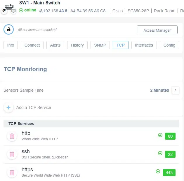 Domotz SW1 Main Switch TCP Service Monitoring