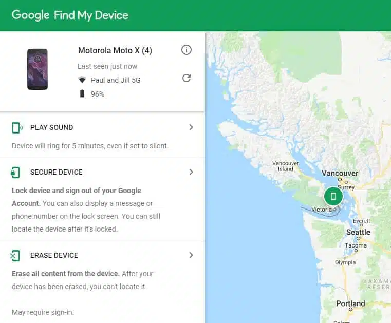 Google Find My Device homepage.