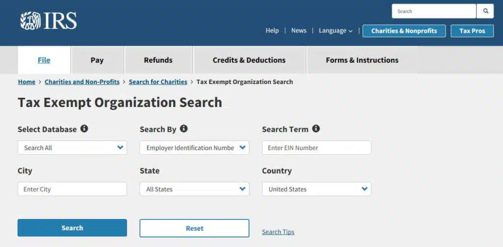 IRS Tax Exempt Organization Search.