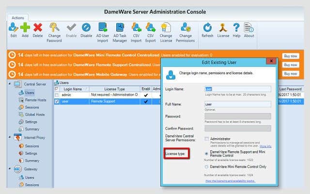 Dameware license and user management