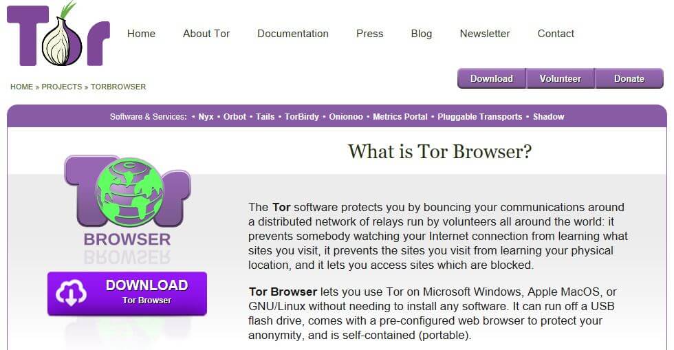The Tor browser homepage.