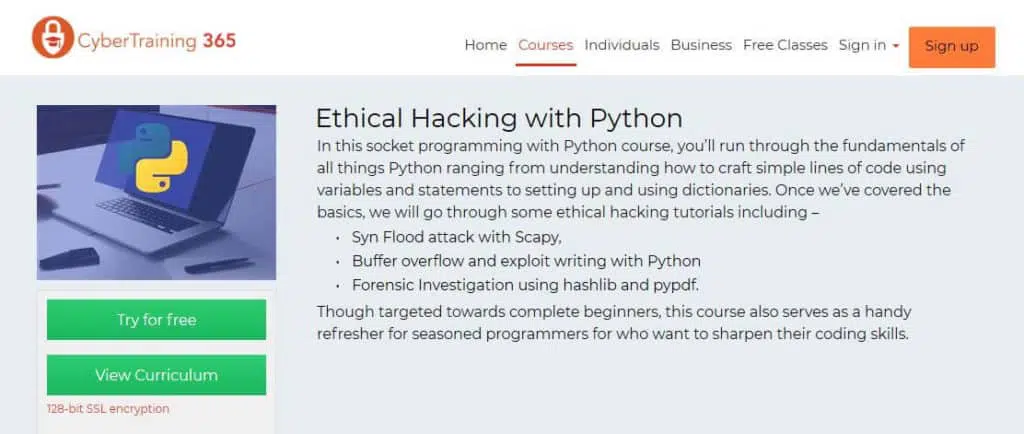 Cybertraining 365 Python ethical hacking courses.