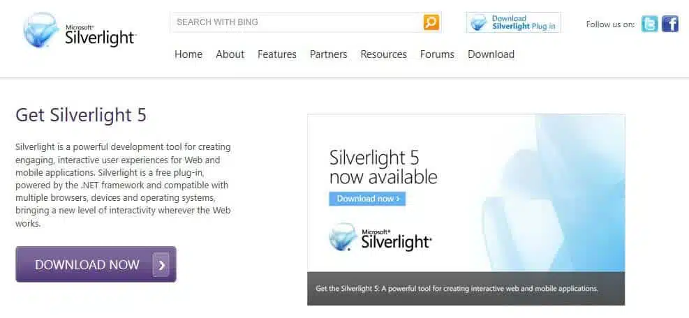 Microsoft Silverlight homepage.