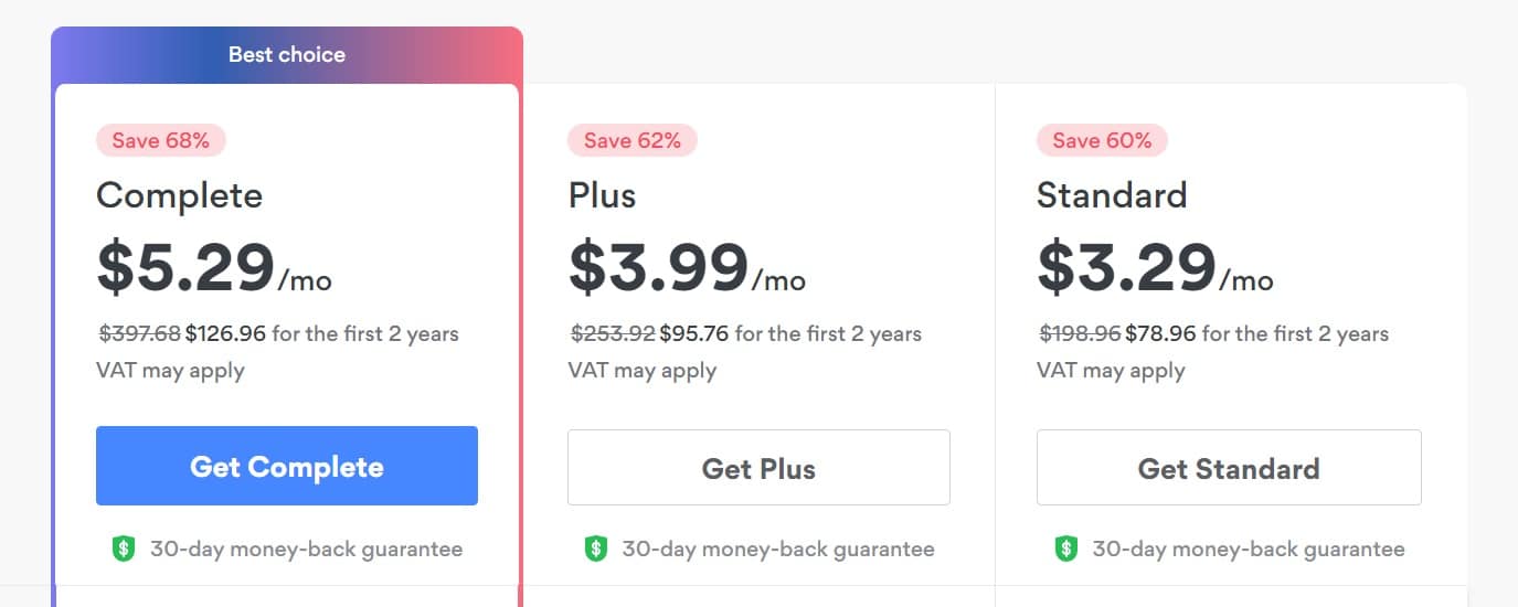 Image of NordVPN's pricing page