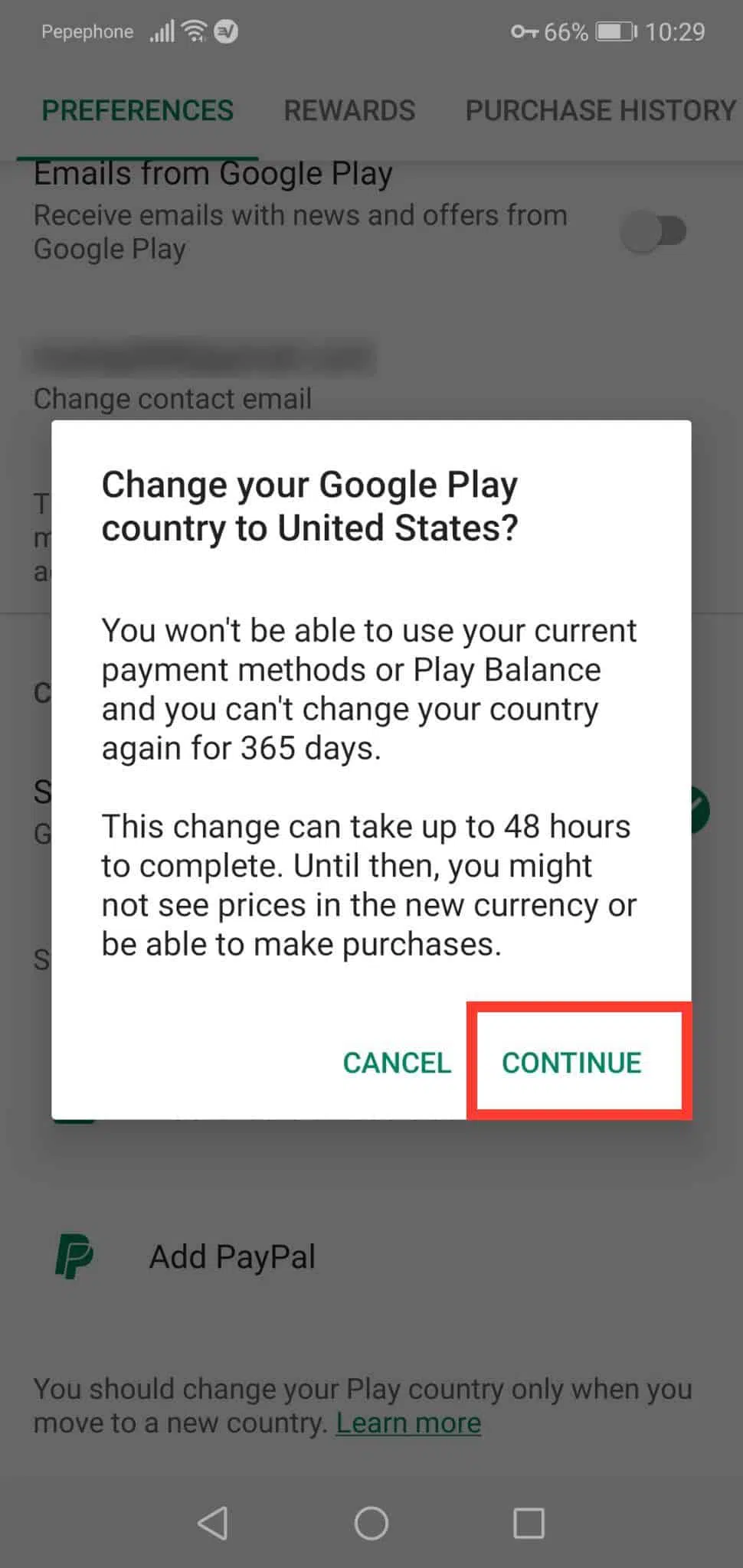 Change Google Play country warning