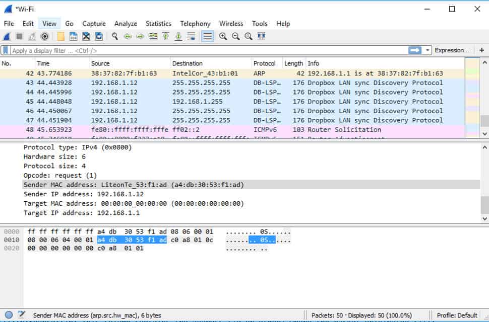 Wireshark Router traffic monitoring screenshot