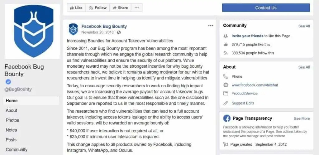 The Facebook Bug Bounty page.