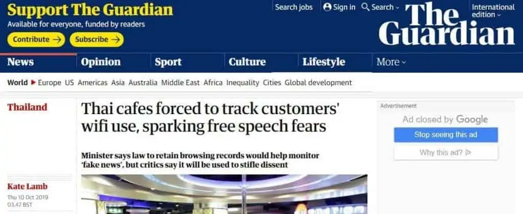 The Guardian headline about online privacy and security in Thailand.