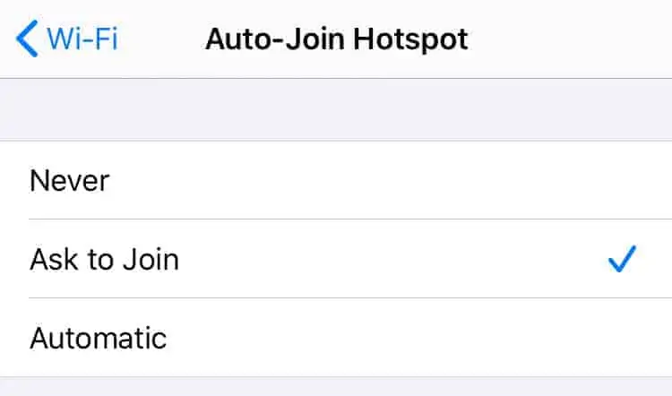 iOS hotspot settings.