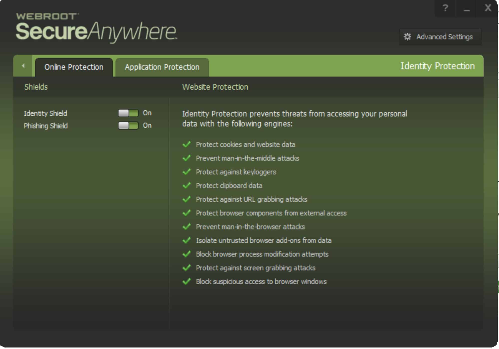 Webroot SecureAnywhere - Online protection view