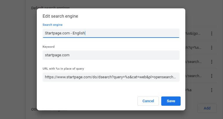 Chrome Edit search engine page.