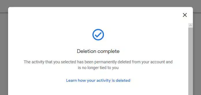 Deletion complete confirmation screen.