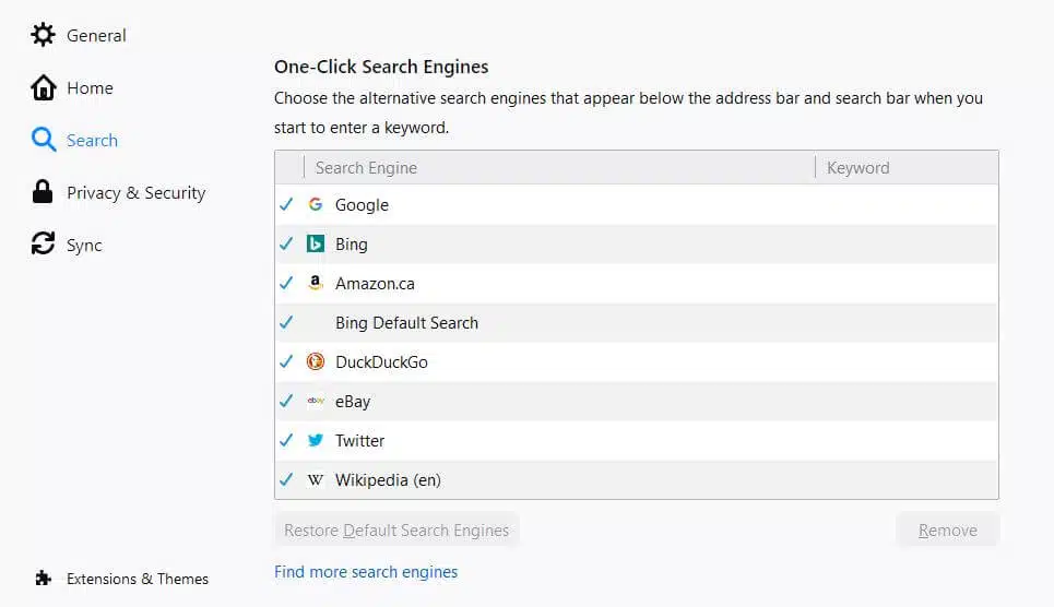 Firefox Search settings page.
