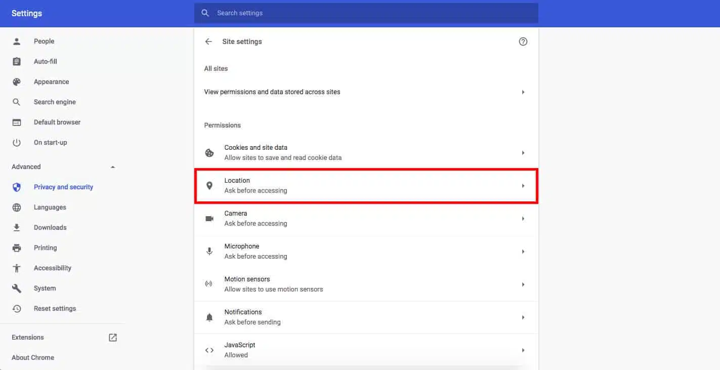 Google Chrome location settings