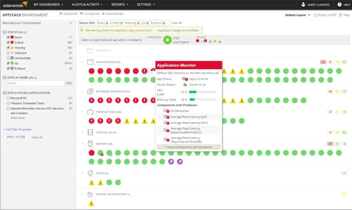 SolarWinds Systems Management Bundle - AppStack Environment systems status view