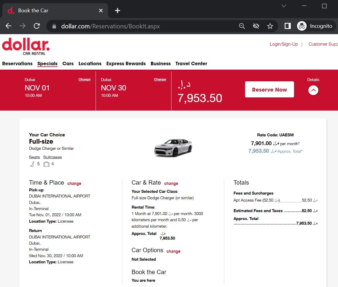 Car rental booking via Dollar for DXB