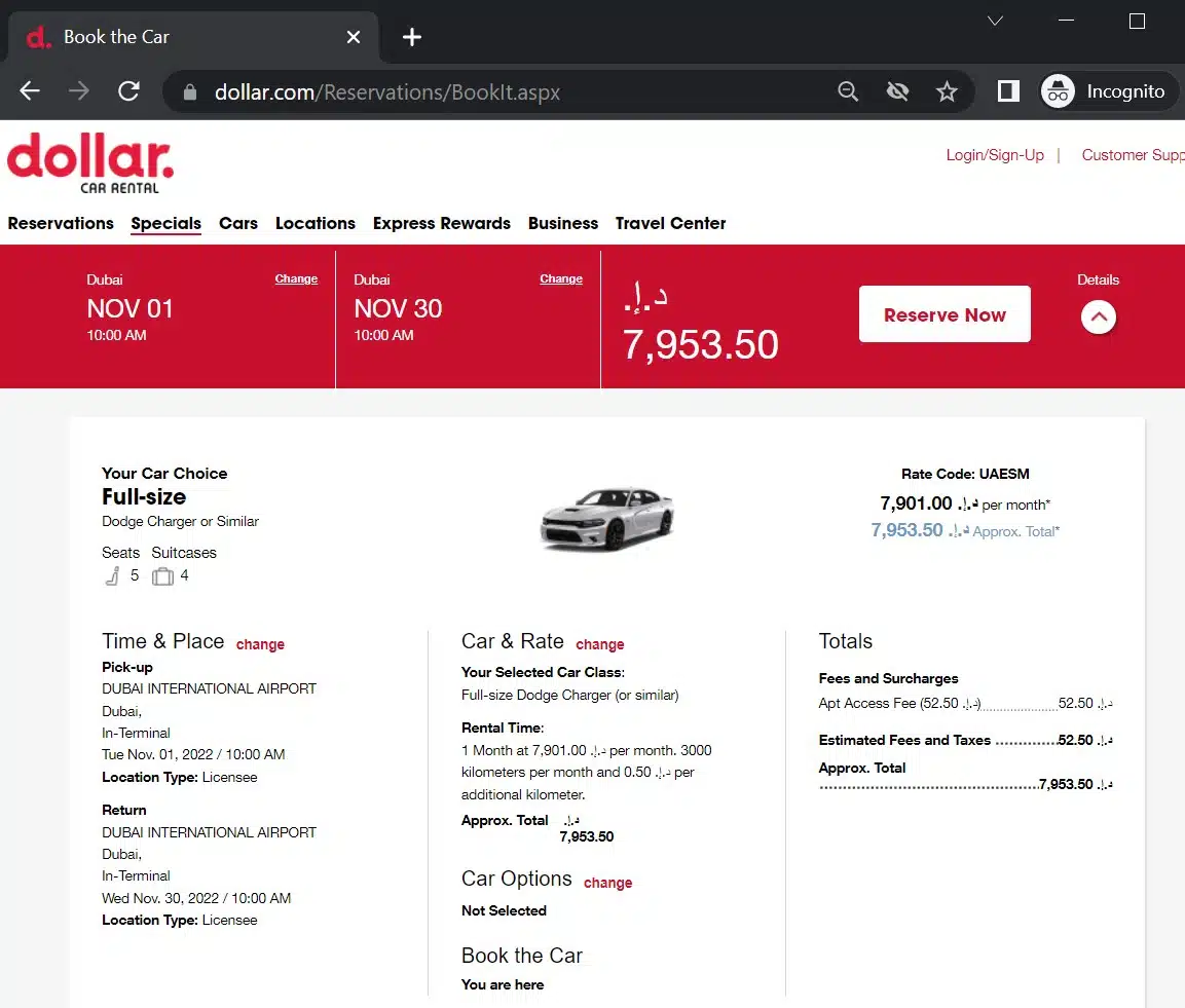 Car rental booking via Dollar for DXB