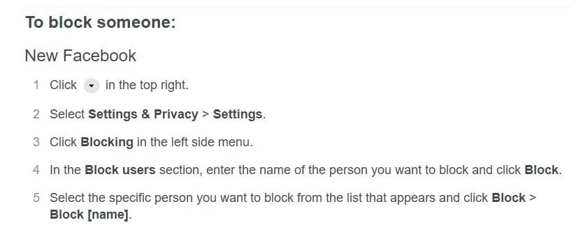 Facebook instructions for how to block people.