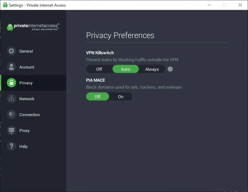 pia windows privacy preferences