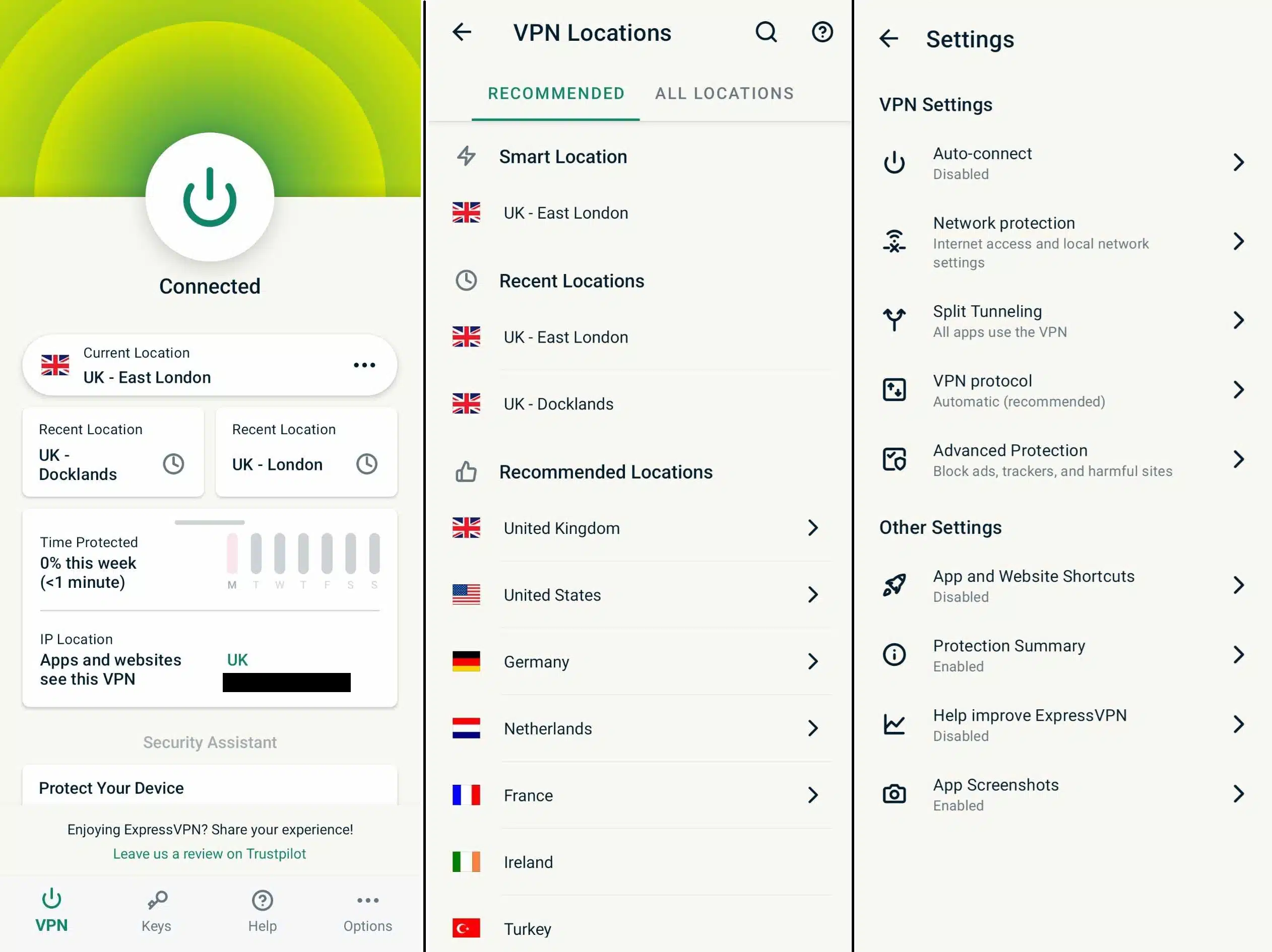 Screenshot of ExpressVPN's Android app - main screen, location selection, and settings pages