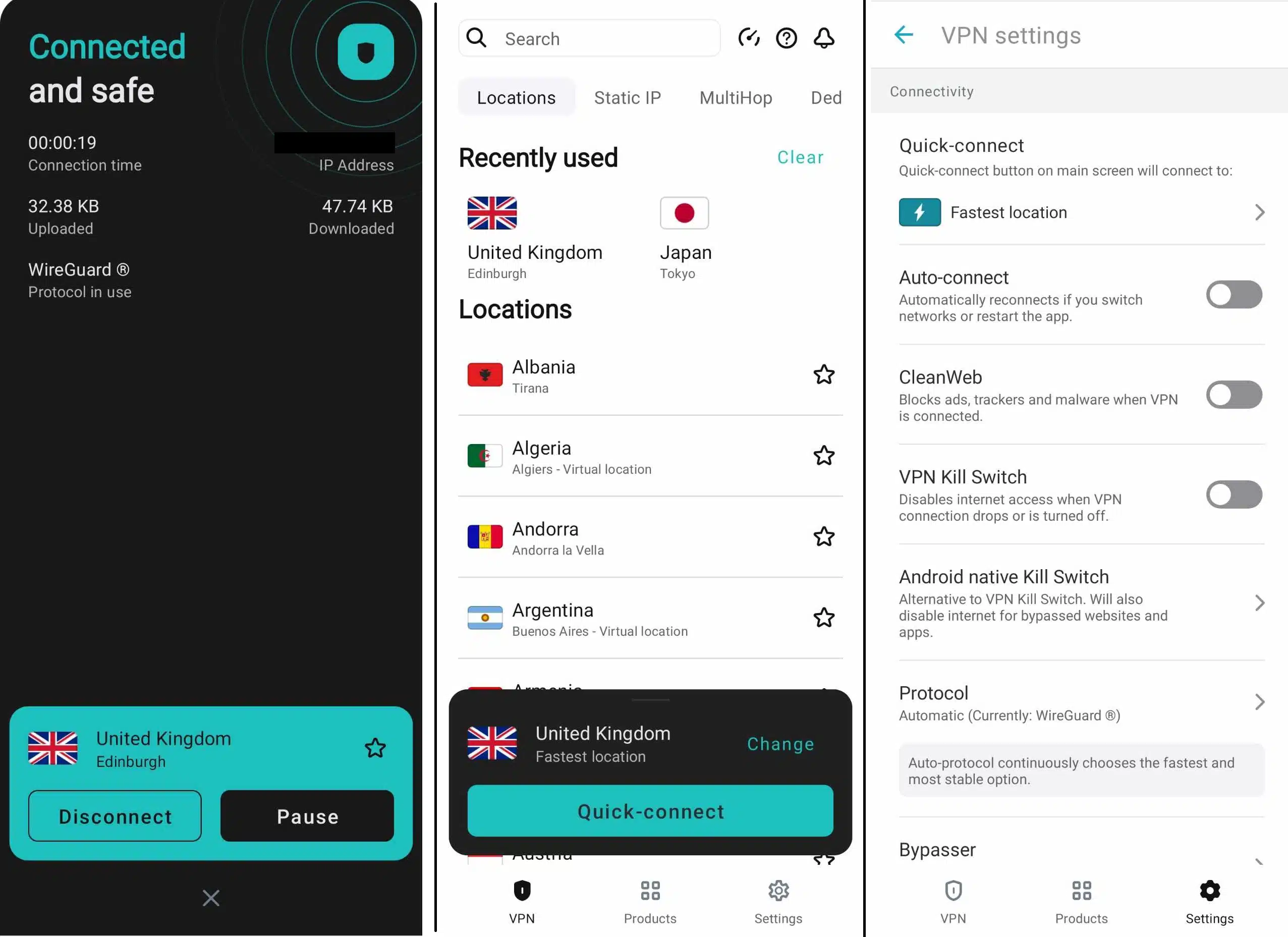 Screenshot of Surfshark's Android app - connection dialogue, location selection, and VPN settings page