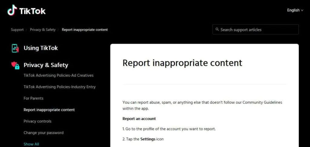 TikTok's page on hoe to report inappropriate content.
