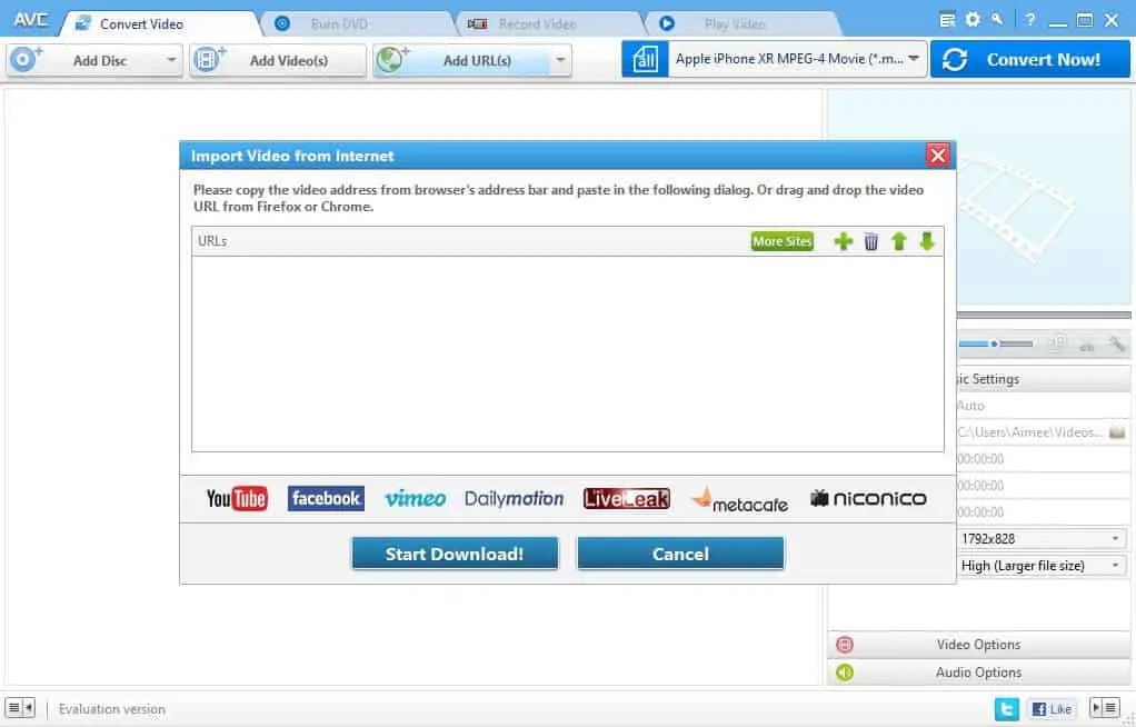 AVC Ultimate video downloader screen.