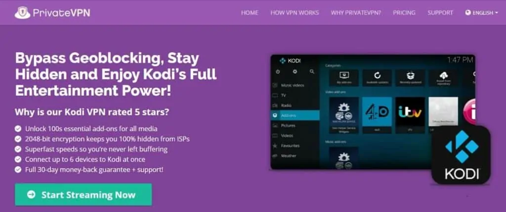 Página sobre Kodi de PrivateVPN 