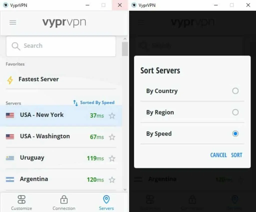 VyprVPN server list arranged by speed.