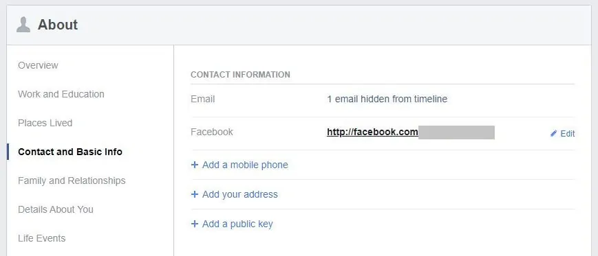 Facebook information screen.