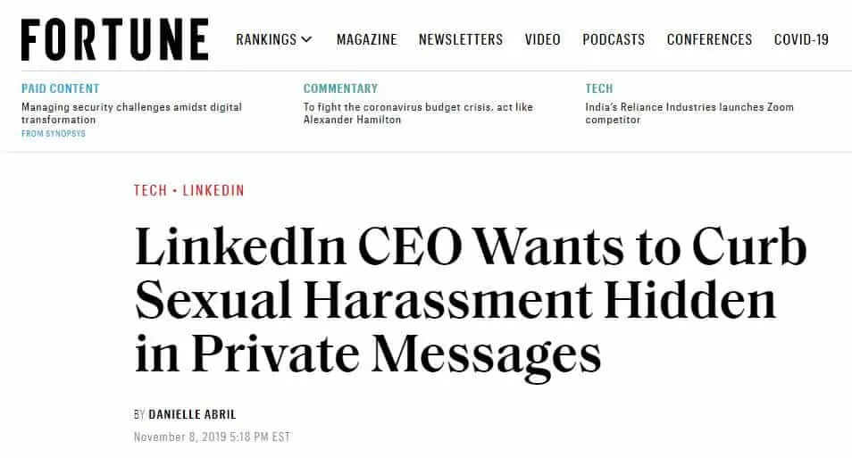 Headline about LinkedIn harassment.
