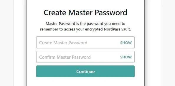 Master Password creation screen.