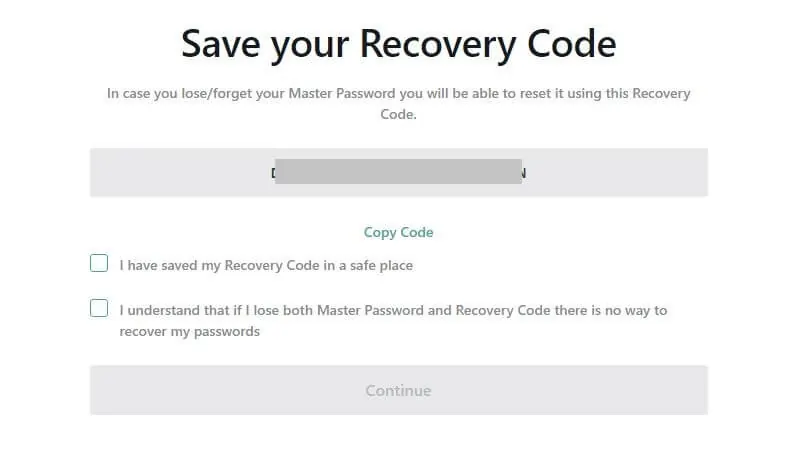 The Recovery Code screen.